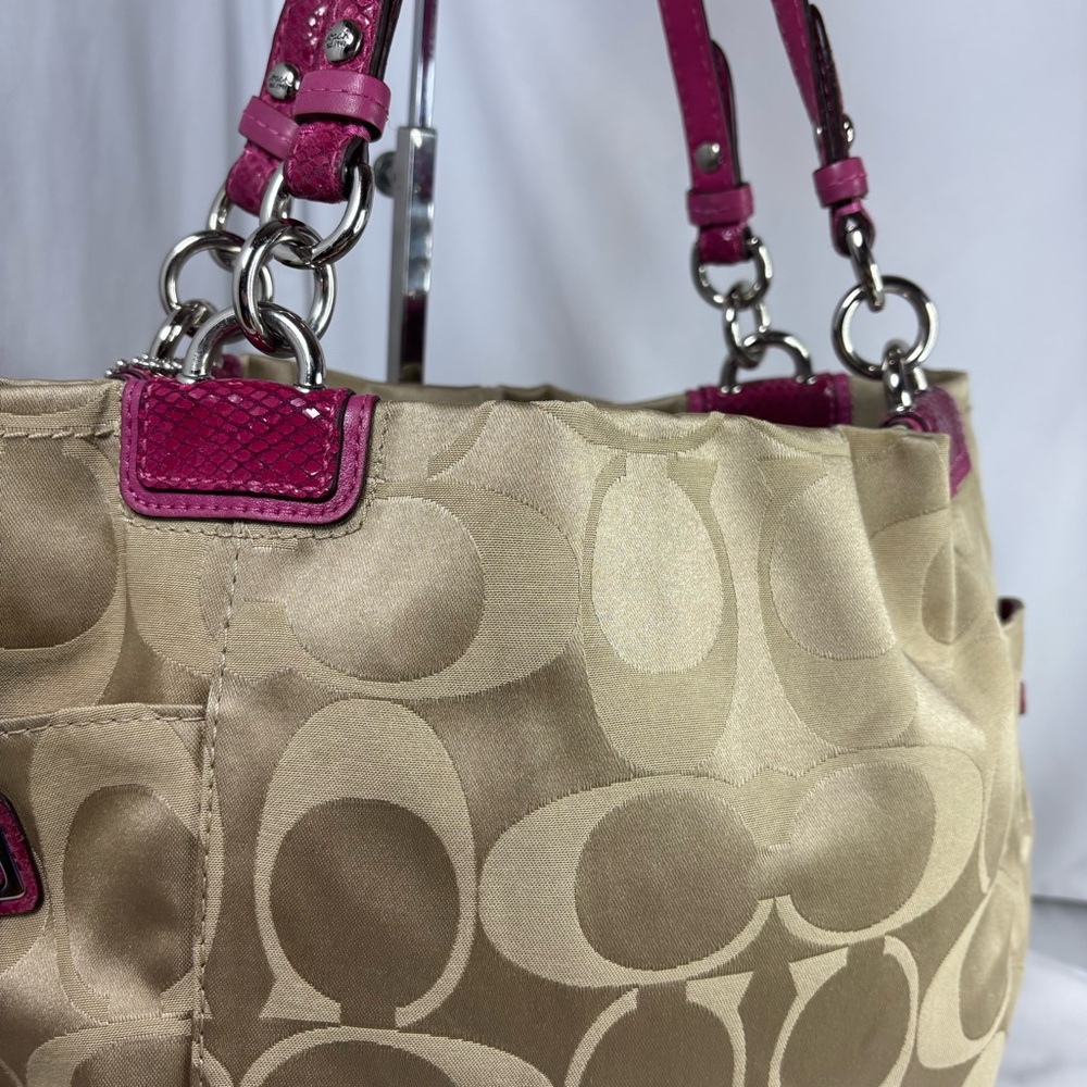 COACH Peyton Signature Khaki/ Fushia Sateen Signature Tote Bag - Picture 8 of 14